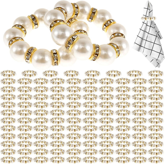 120 Pcs Gold Napkin Rings, Imitation Pearl Napkin Ring Set, Disposable White & Gold Beaded Napkins Rings for Wedding Party Home Reunion Table Decorations