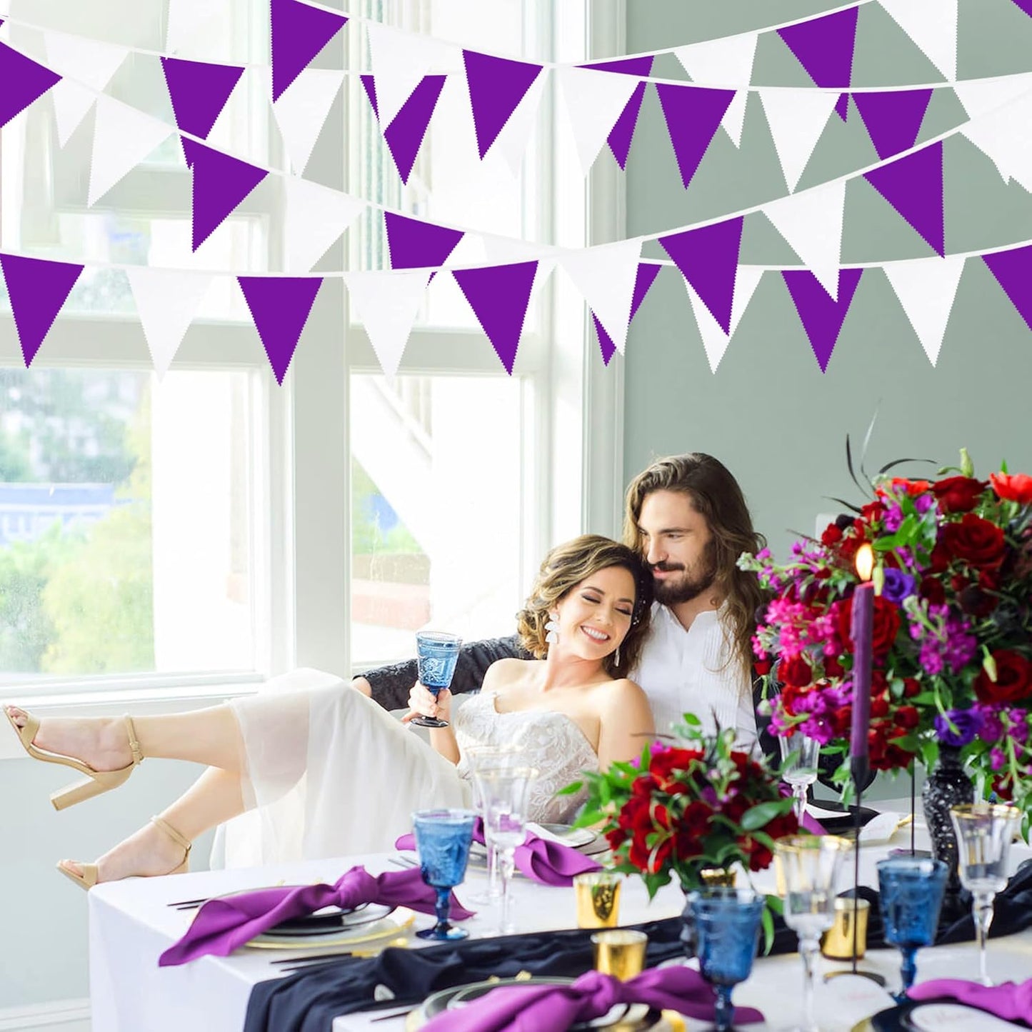 32Ft Purple and White Pennant Banner Fabric Triangle Flag Cotton Cloth Bunting Garland Kit for Wedding Birthday Lavender Party Home Nursery Outdoor Garden Hanging Festivals Decoration