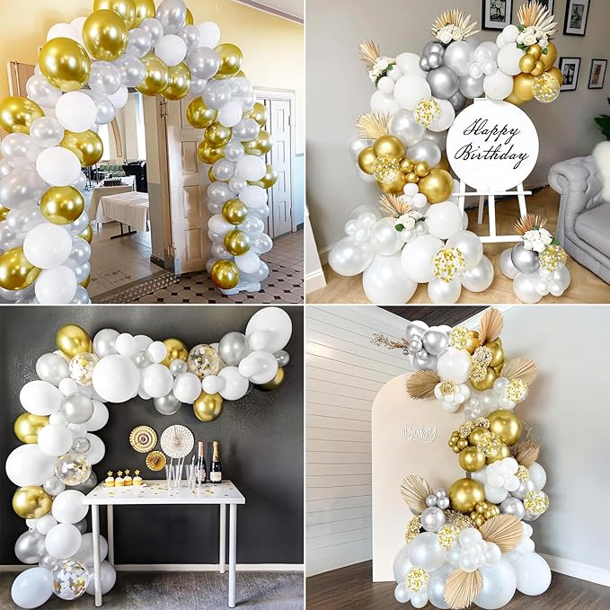White and Gold Balloons, 60Pcs 12Inch White Latex Balloons Metallic Gold Silver Confetti Balloons with Ribbon for Girls Boys Birthday Baby Shower Wedding Graduation Engagement Party Decoration