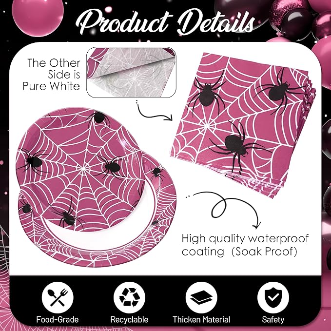 75pcs Spider Party Supplies, 25 Guest Disposable Pink Paper Plates & Napkins, Tableware Decorations Favors, Including 9" & 7" Plates & Napkins for Halloween, Birthday, Parties, and Everyday Use