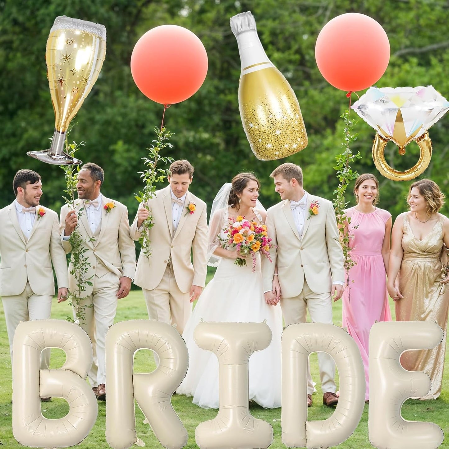 40inch Bride Balloons Beige Letters Banner, Sand White Bachelorette Party Decorations Set with Diamond Ring Champagne Bottle Balloon Glass Foil Balloon for Nude White Bachelorette Engagement Wedding