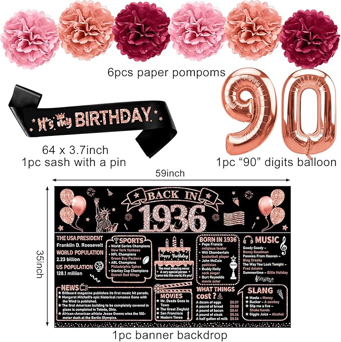 Zirtorei 90th Birthday Decorations for Women, 21pcs the Year 1936 Banner Balloon Party Supplies, Rose Gold 90 Year Old Birthday Backdrop, 90 Bday Honeycomb Centerpiece Hanging Swirls Sash Gifts
