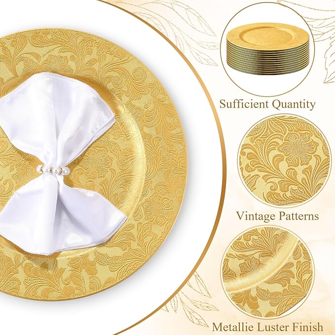 30 Pcs Gold Charger Plates Bulk 13 Inch Embossed Rim Plastic Round Decorative Vintage Plates Charger for Dinner Wedding Party Event Table Setting Decoration (Floral)