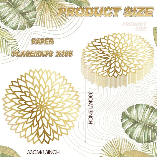Sinmoe 100 Pack Disposable Paper Placemats Bulk 13 Inch Paper Charger Place Mat Party Charger Plates Table Place Mats for Dinner Wedding Birthday Baby Shower Spring Dining Tableware(Golden Print)