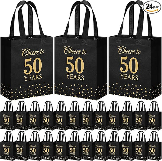 Supervitae 24 Cheers to 50 Years Gift Party Bags Medium Black and Gold Party Decoration Supplies Reusable Non Woven Totes for Birthday Anniversary Wedding Favor(9.8" x 7.9" x 3.9")