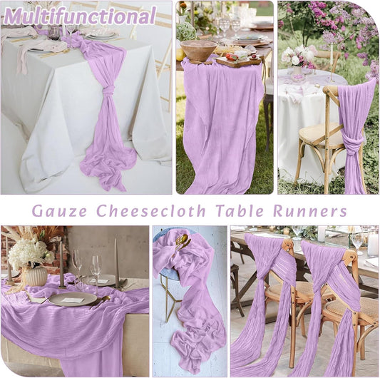 4Pack Lavender Table Runner 10FT Cheesecloth Table Runner 35x120Inch Long Boho Cheese Cloth Table Runners Rustic Gauze Table Runners for Party Wedding Bridal Shower Baby Shower Decorations