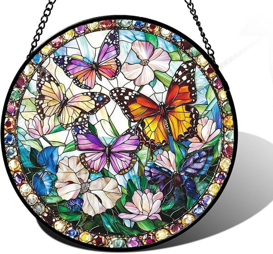 Stained Glass Window Hanging, Colorful Butterfly Suncatcher for Doors Home Sun Catchers Decoration and Christmas, Mother's Day Birthday Gifts for Women, Men, and Mom 6.3 in