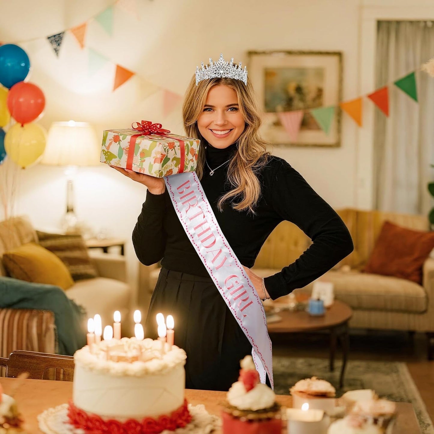 Birthday Girl Sash and Tiara Set – Embroidered Sash with Colored Trim and Silver Rhinestone Tiara – Birthday Party Accessories and Gifts for Women & Girls