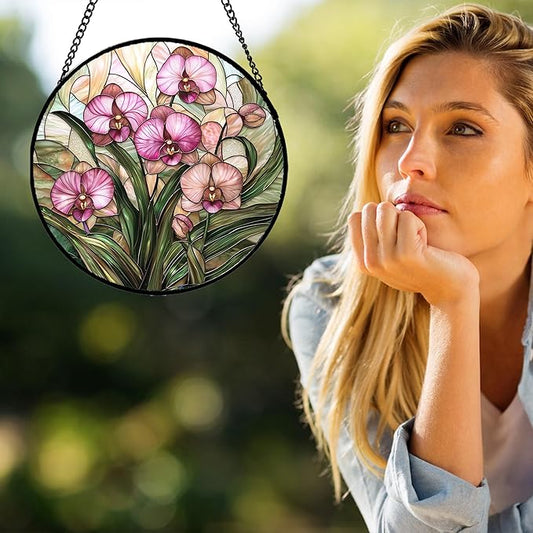 Stained Glass Window Hanging - Pink Phalaenopsis Orchid Green Leaves Sun Catcher for Door Home Decor Flower Suncatcher Christmas Mother's Day Birthday Gifts for Women Men Mom Nana 6.3 in