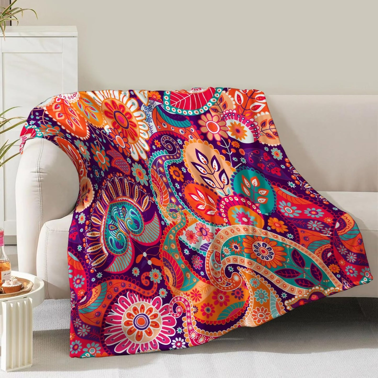 Boho Floral Blanket Gifts for Women Girls Mom Wife Mother's Day Christmas Birthday Presents Colorful Bohemian Flower Rustic Decor Bedroom Living Room Couch Sofa Kids Adults Soft Flannel Throw 60"x50"
