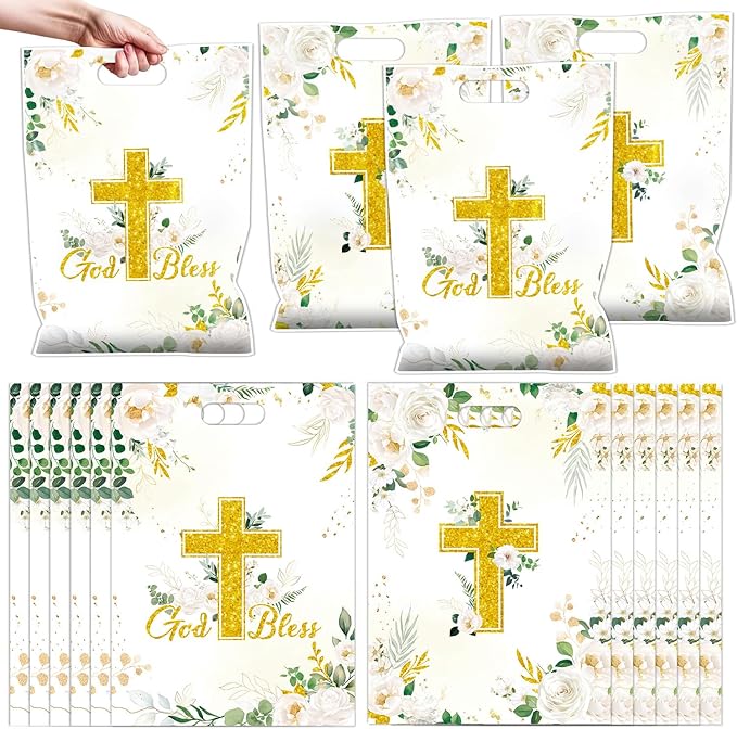 Falueqg Baptism Party Favor Bags - Bulk First Communion Favors for Guests Reusable Treat Bag, Baptism Party Goodie Suprise Pinata Bags for Candy Cookies Popcorn (50 Pcs)
