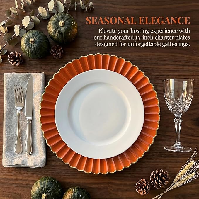 Orange Charger Plates, 13 Inch Plastic Round Dinner Charger Plates for Wedding Party, Tabletop Decor. (Set of 6)