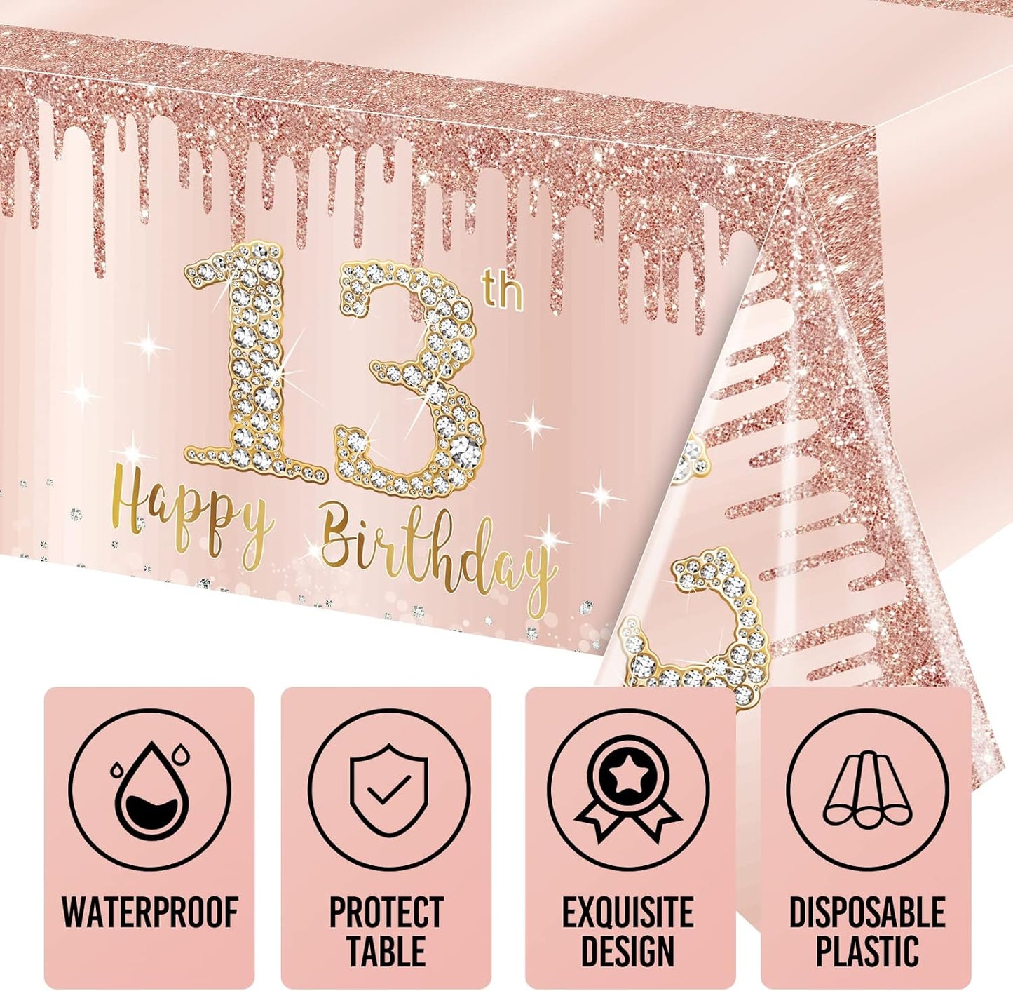 3 Pack 13th Birthday Tablecloth Decorations for Girls, Pink Rose Gold Happy 13 Birthday Theme Table Cover Party Supplies, Thirteenth Year Old Plastic Disposable Rectangular Table Cloth Decor