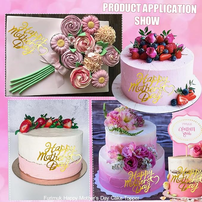 10 Pcs Happy Mother's Day Cake Toppers Gold Acrylic Mirror Cupcake Toppers for Mother’s Birthday Side Cake Decorations
