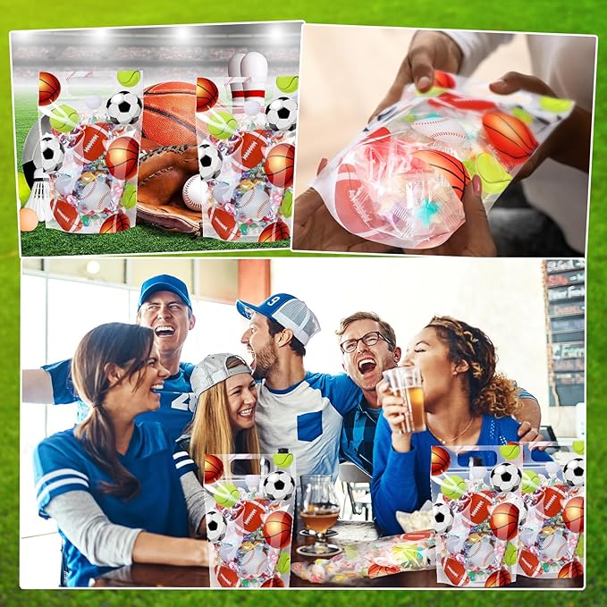 Blosssound 50 Pcs Sport Plastic Bags Clear Sportball Sealing Pouches with Handles Resealable Sport Party Zipper Bags for Sport Theme Birthday Party Candy Gift Wrap Supplies Decoration