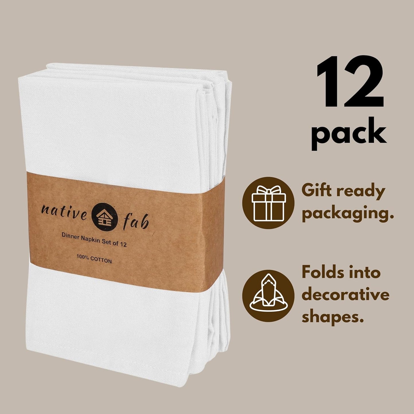 Native Fab Cloth Napkin Set of 12, 100% Cotton, Washable Fabric, Reusable Cloth Napkin 17x17 inches, Table Decor Napkins for Wedding, Dinner, Events - White