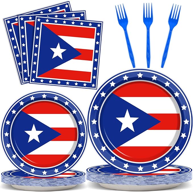 96Pcs Puerto Rico Party Supplies Puerto Rico Flag Paper Plates Napkins Puerto Rico Birthday Party Decorations Souvenirs Puerto Rico Dinnerware Party Favor Puerto Rico Gifts Tableware Serves 24