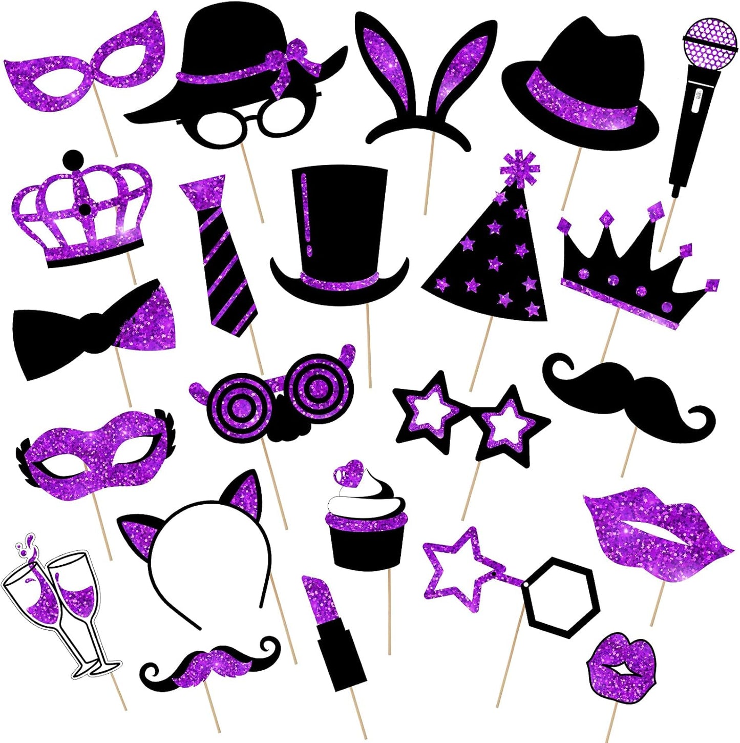 Zonon 24 Pieces Funny Photo Booth Props:Halloween,Christmas,Family Reunion, Class Reunion, Birthday, Weddings, Prom Disco Mardi Gras Party Supplies - Mix of Hats, Lipstick, Tie(Black and Purple)