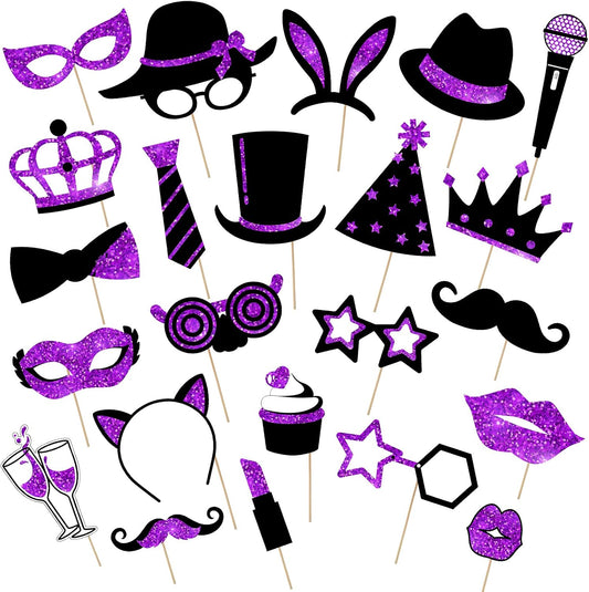 Zonon 24 Pieces Funny Photo Booth Props:Halloween,Christmas,Family Reunion, Class Reunion, Birthday, Weddings, Prom Disco Mardi Gras Party Supplies - Mix of Hats, Lipstick, Tie(Black and Purple)