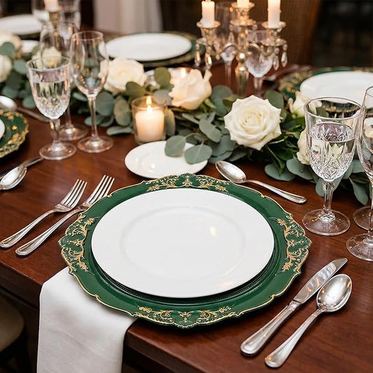 Green Charger Plates, 13 Inch Embossed Chargers for Dinner Plates. Plastic Charger for Wedding, Party. (Set of 6)