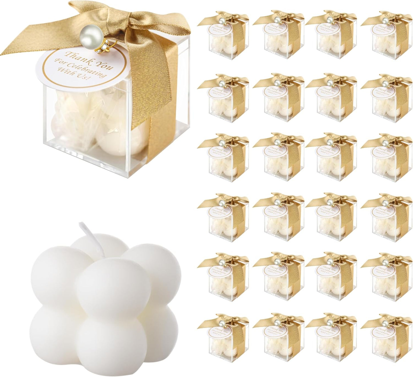 ACITHGL 30 Sets Fully Assembled Small Bubble Candle Party Favors for Guests Bulk Bridal Showers Favors Candles with Stylish Ribbons Thank You Cards Gifts (Gold)