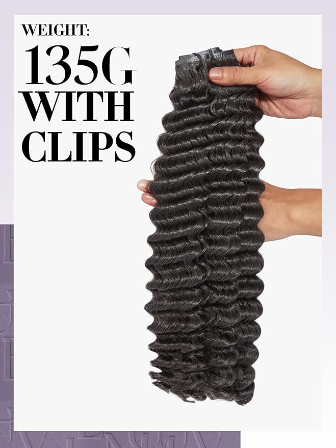 LUVME Hair Extensions Natural Black 26 Inch 135g 7pcs Real Human Hair Loose Deep Wavy Remy Clip in Human Hair Extensions Thick Hair