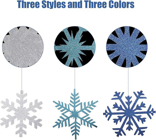 Zonon 3 Pieces Snowflake String Garland Winter Party Decoration White Blue and Light Blue Snowflake Banner Hang Decoration for Christmas Holiday Party, Winter Carnival Snow Themed Gatherings