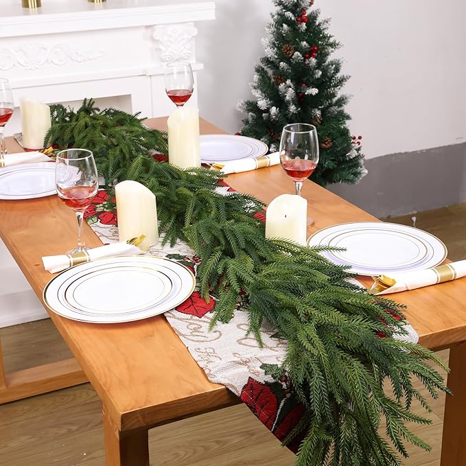 4 Pcs Artificial Norfolk Pine Garlands Christmas, 9 FT Dense Real Touch Winter Pine Garland Ornament, Green Artificial Greenery Garland for Table, Mantle, Wall, Indoor, Outdoor Christmas Decorations