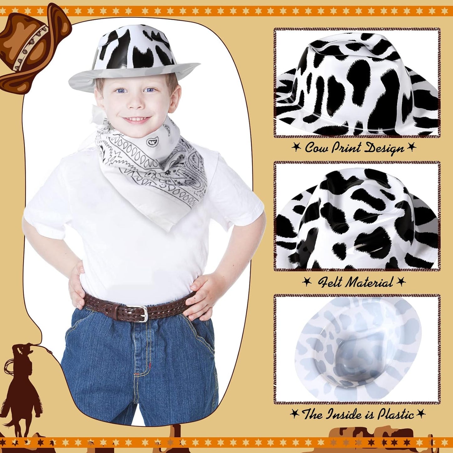Haysandy 24 Pcs Cow Print Cowgirl Cowboy Hats Bulk with Bandana Felt Cow Party Hats for Women Men Western Costume Party (Black)