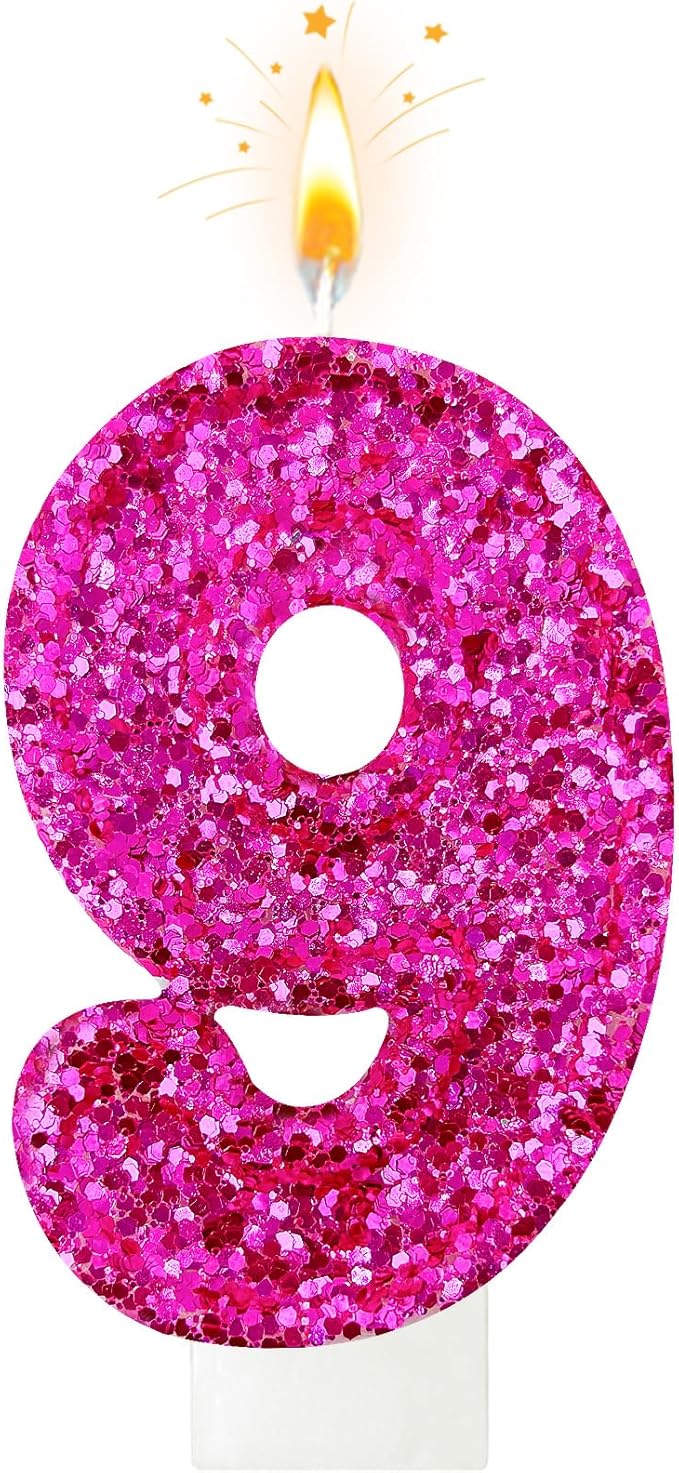 Zailo Birthday Number Candles, Glitter Number Candle Cake Decorations with Sequins, Cupcake Decorations for Girls, Women, Party Anniversary Celebrations (Number 9, Bright red)