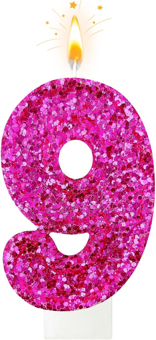Zailo Birthday Number Candles, Glitter Number Candle Cake Decorations with Sequins, Cupcake Decorations for Girls, Women, Party Anniversary Celebrations (Number 9, Bright red)