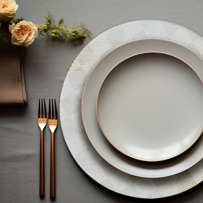 13" Antique Charger Plates, Geometry Pattern White Charger Plate Set of 6, Round Server Ware Chargers for Dinner Plate, Reusable Bulk Table Setting for Party or Event