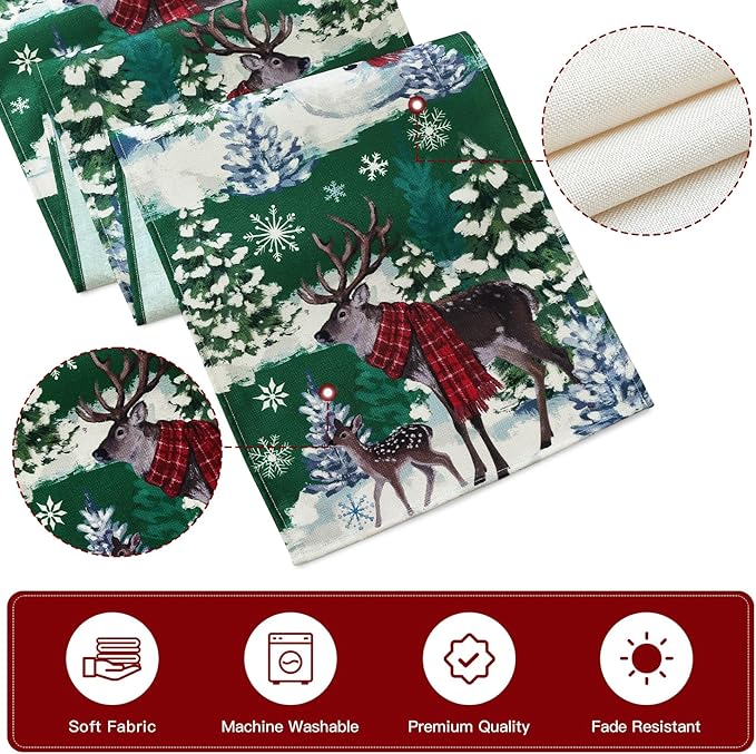 Artscope Reindeer Snowman Christmas Tree Table Runner, Xmas Winter Snowflakes Holiday Kitchen Dining Table Decoration for Christmas Home Party Decor 13x90 Inch-Green