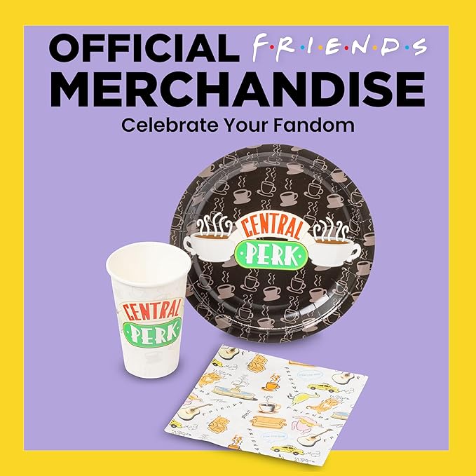 Silver Buffalo Friends Central Perk Iconic Icons and Quotes Pivot 60 Pack Partyware Disposable Paper Plates, Napkins, and Cups