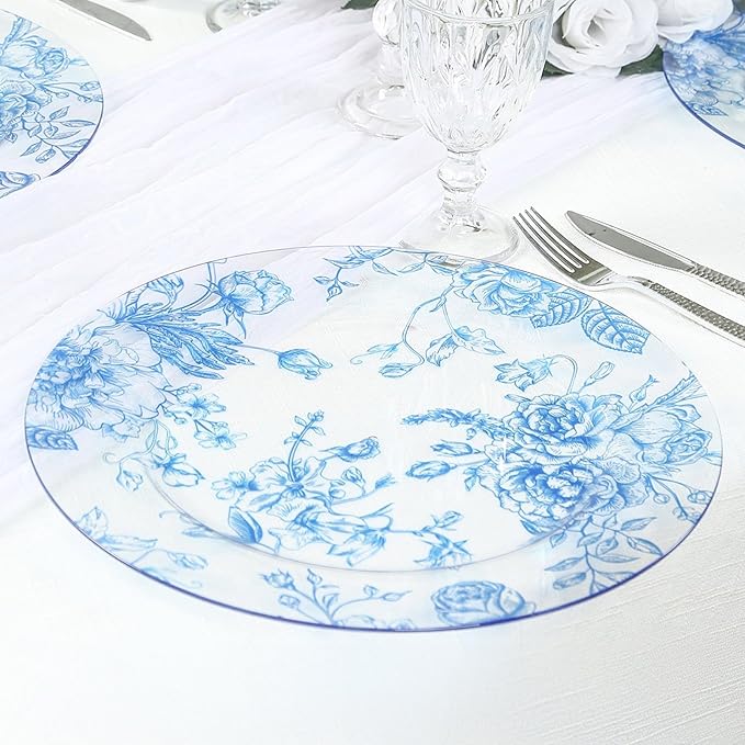 Efavormart 6 Pack Floral Acrylic Charger Plates in French Toile Pattern, Clear Light Blue Round Dinner Charger Event Tabletop Decor - 13"