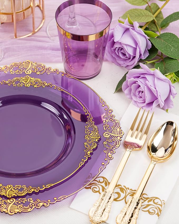 Nervure 175PCS Purple Plastic Plates - Disposable Purple Gold Party Plates & Pre Rolled Napkins with Cutlery for 25 Guests, 50Plates, 75Silverware, 25Cups, 25Napkin for Wedding & Party