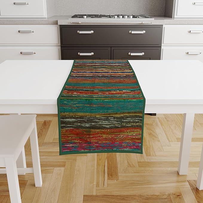 Trade Star Handloomed Table Placemat Reversible Bedside Runner Designed Area Rug Runner Decorative Upcycled Fabric Highly Durable Premium Quality Table Runner (Green)