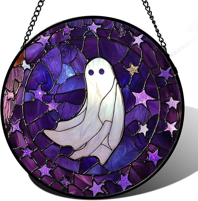 Stained Glass Window Hanging - Halloween Decoration Purple Star White Ghost Suncatcher for Doors Garden Indoor Spooky Sun Catchers Gothic Decor Horror Gifts for Women Men Friend 15 in