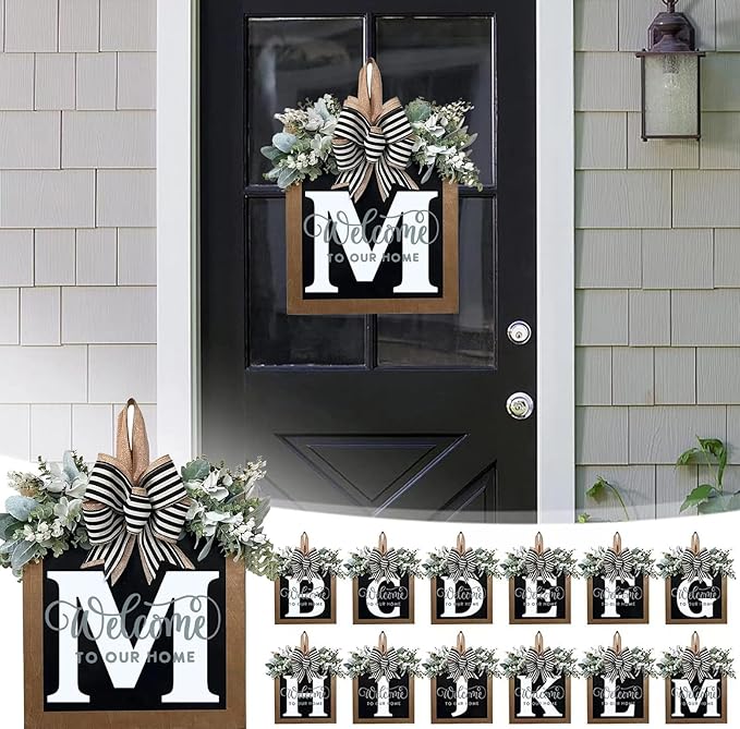 Last Name All Year Round Front Door Wreath with 26 Initial Letter Welcome Sign All Seasons Eucalyptus Garland and Bow ，Farmhouse, Porch, for Spring Summer Fall All Seasons Holiday Halloween Christmas. (M)
