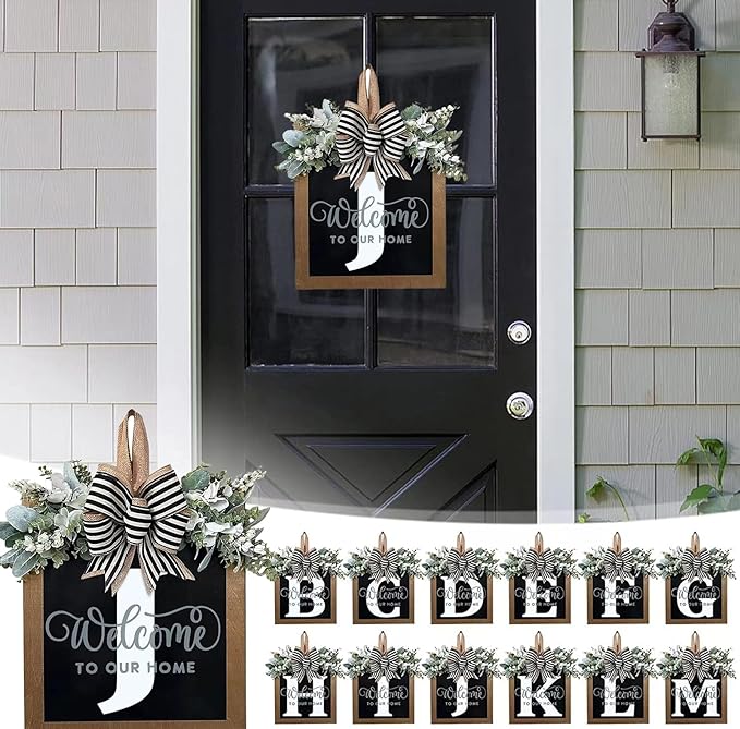 Last Name Year Round Front Door Wreath Front Porch Decoration 26 Letter Welcome Sign with Eucalyptus Garland and Bow Spring Wreaths for Front Door Outside Hanger Garland（J）
