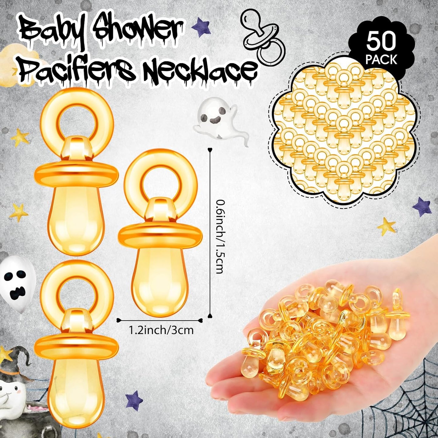 Thyle 51 Pcs Halloween Baby Shower Decorations Pacifier Hunt Baby Shower Games Set Include Hunt Sign and 50 Acrylic Pacifiers for Halloween Party Decoration Gift Sets Gender Reveal Party Decor