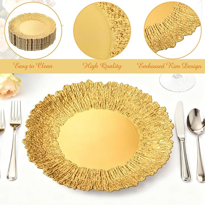 24 Pack Metallic Charger Plates 13inch Round Elegant Serving Plates Plastic Disposable Chargers Bulk Dinnerware Set for Dinner Wedding Party Events Catering Decoration (Gold,Embossed Rim)