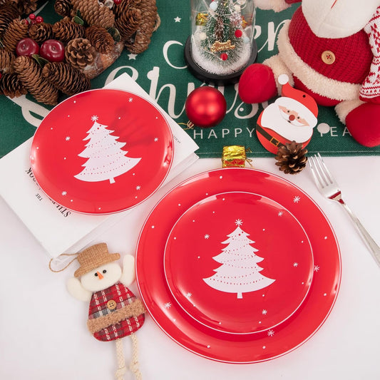 WDF 50 Pieces Plastic Christmas Plates - Red and White Plastic Plates with Christmas Tree include 25 Dinner Plates, 25 Salad Plates - Red White Party Plastic Plates for Christmas, Winter