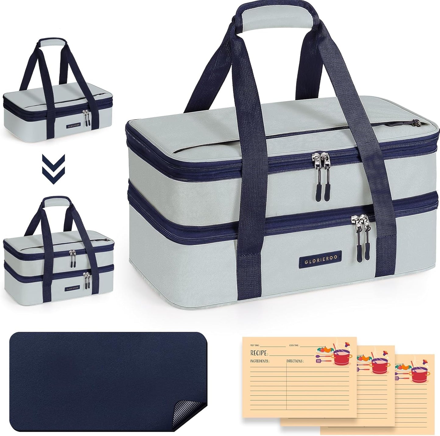 Insulated Casserole Carrier for Hot or Cold Food 9x13 - Double Deck Food Container Bag Warmer with Heat-Resistant Mat for Potluck Parties Picnic Cookouts Fits 9" x 13" Casserole or Baking Dish