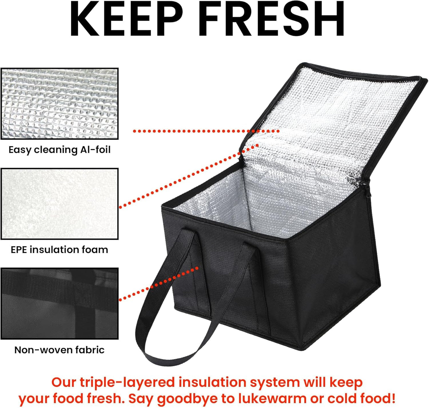 Small Insulated Cooler Bag and Food Warmer for Delivery & Grocery Shopping with Zippered Top, Black (1 Pack)