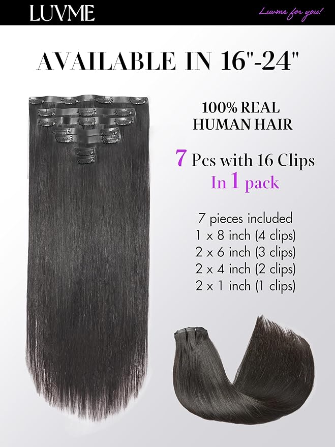 LUVME Straight Seamless 110g 7Pcs Clip in Hair Extensions Full Max with 16inch Remy Human Hair Extensions, Natural Black 100% Real Soft Human Hair