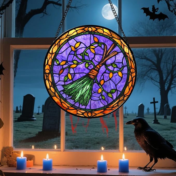 Stained Glass Window Hanging - Halloween Decorations Witch Magic Broom Suncatcher for Doors Garden Spooky Funny Purple Sun Catchers Gothic Decor Horror Gifts for Women Men Friend 15 in