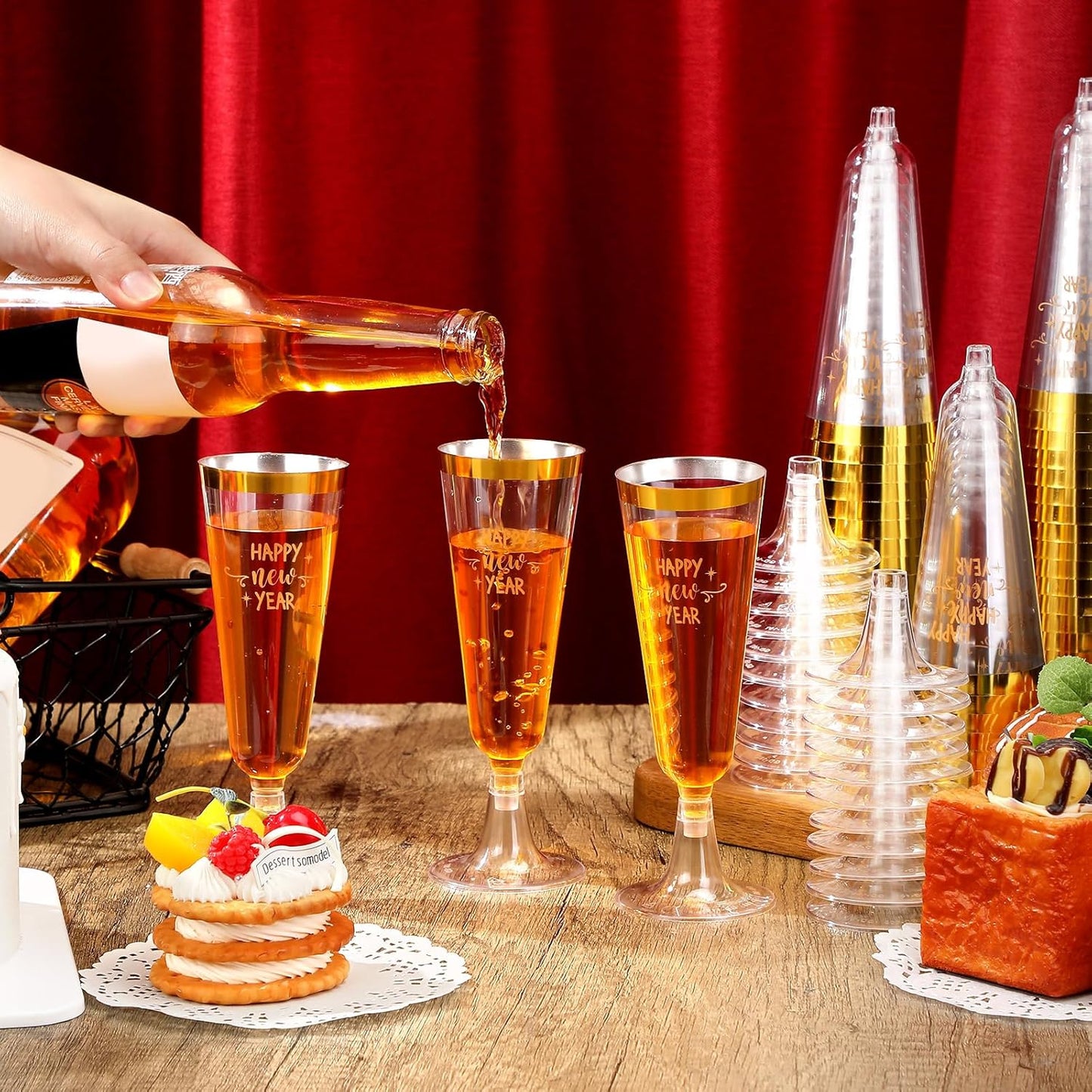 Zhehao 100 Pcs Plastic Champagne Flutes Bulk 5 oz Disposable Happy New Years Wine Glass Gold Rim Champagne Glasses for New Years Eve Toasting Drinking Party Supplies 2026