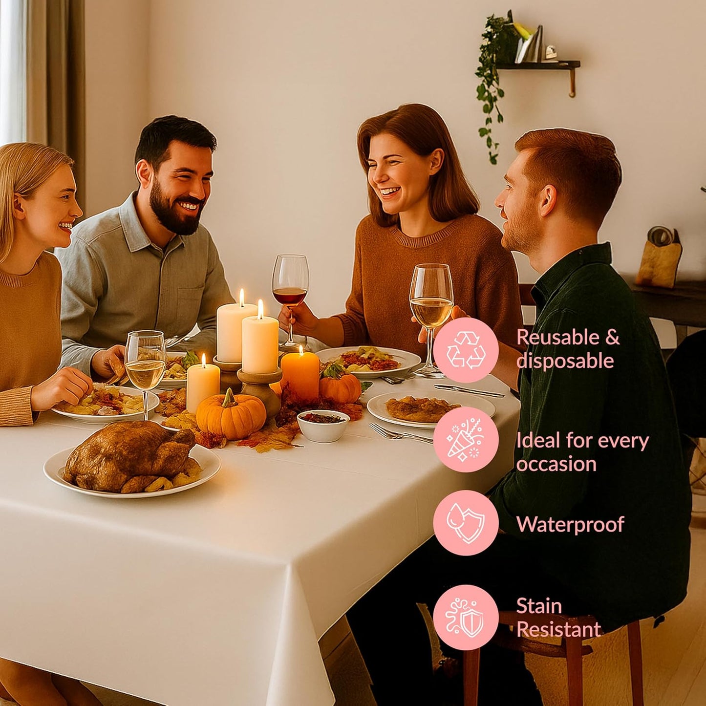 Prestee 48 White Plastic Tablecloth 108x54 Inches - No See-Through Rectangular Disposable Tablecloths for Indoor and Outdoor Events - Heavy-Duty and Waterproof for Holiday and Thanksgiving