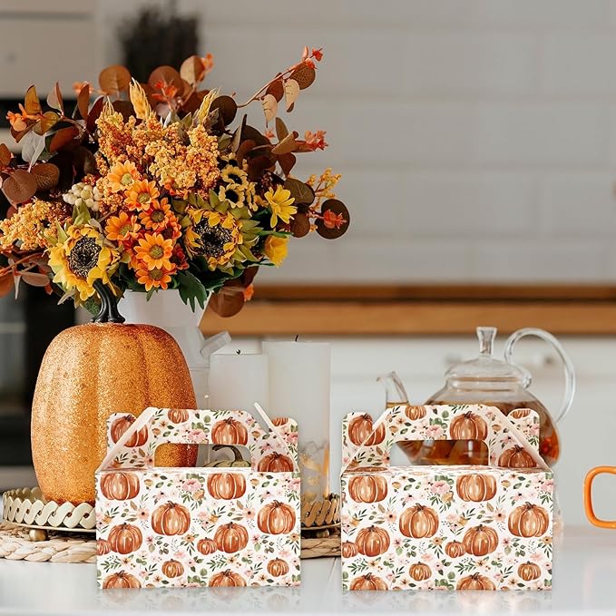 24Pcs Fall Pumpkin Treat Box with Handle Floral Pumpkin Goodie Candy Bags Autumn Cardboard Gift Box for Thanksgiving Cookie Candy Wedding Baby Shower Party Favors